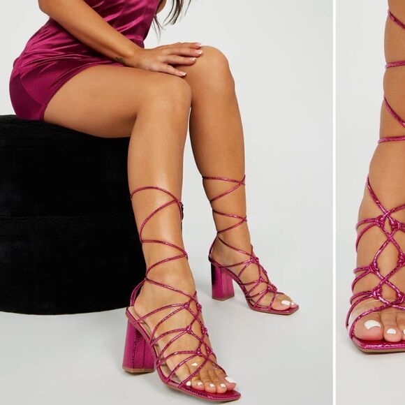 Fuschia Pink Stappy Heeled Sexy Sandals - Picture 2 of 5